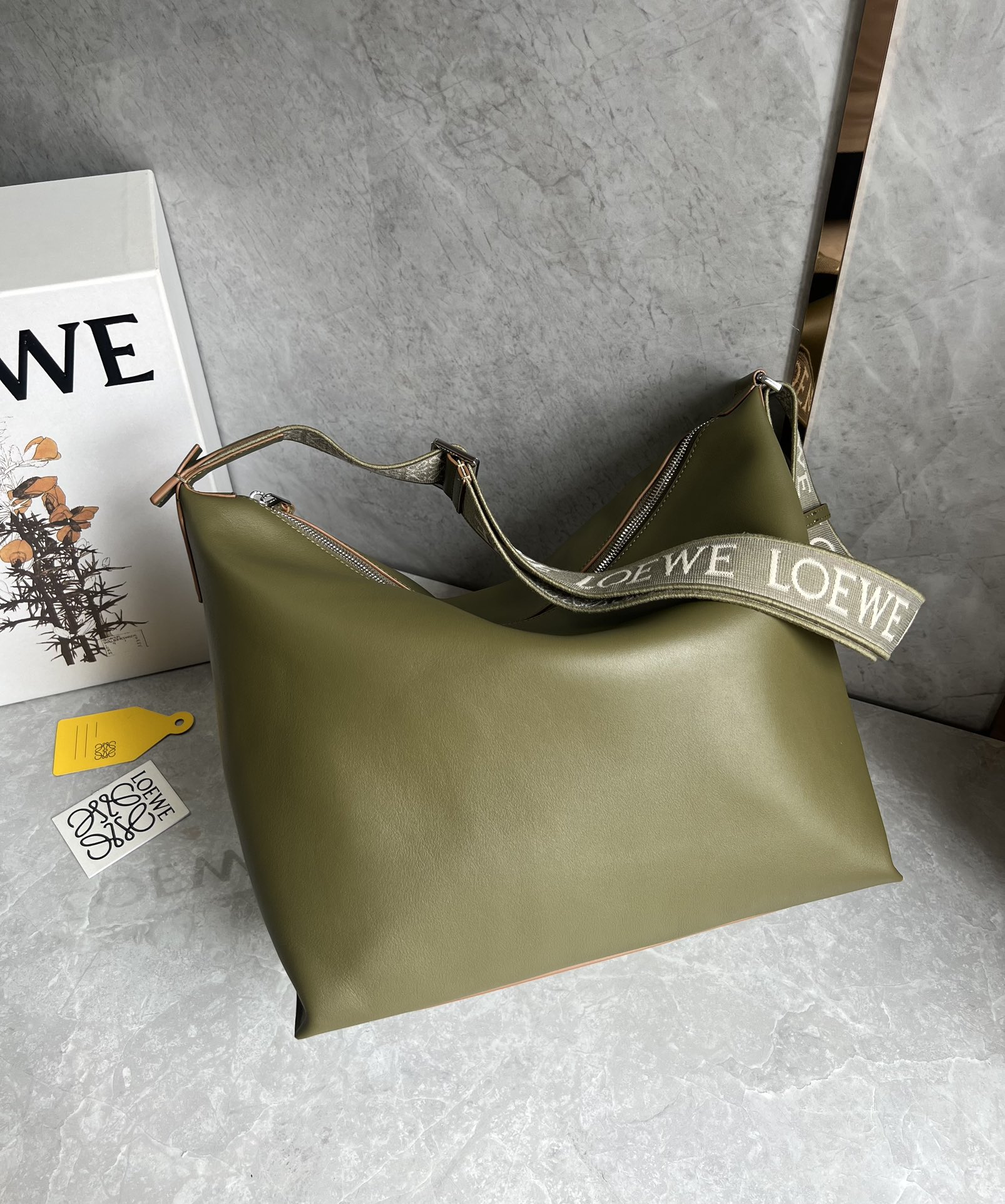 Loewe Large Cubi Crossbody Bag in Supple Smooth Calfskin and Jacquard Olive